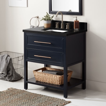 Signature Hardware Robertson 30" Single Vanity Set with Mahogany Cabinet, Quartz Vanity Top, and Rectangular Sink - 1-1/2" Faucet Holes Midnight Navy / Absolute Black Granite