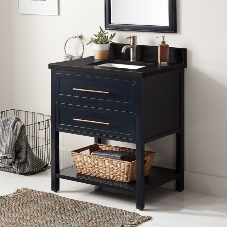 Signature Hardware Robertson 30" Freestanding Mahogany Single Basin Vanity Set with Cabinet, Vanity Top, and Rectangular Undermount Sink - Single Faucet Hole Midnight Navy / Absolute Black Granite
