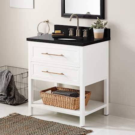 Signature Hardware Robertson 30" Freestanding Mahogany Single Basin Vanity Set with Cabinet, Vanity Top, and Oval Undermount Sink - 8" Faucet Holes Bright White / Absolute Black Granite