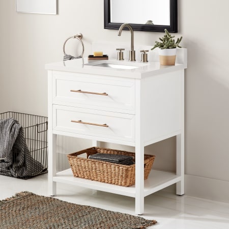 Signature Hardware Robertson 30" Freestanding Mahogany Single Basin Vanity Set with Cabinet, Vanity Top, and Rectangular Undermount Sink - 8" Widespread Faucet Holes Bright White / Arctic White Quartz