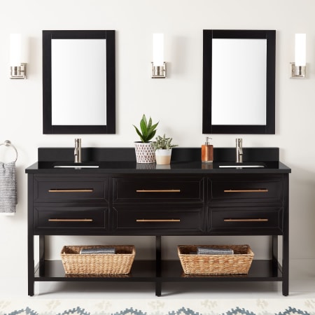Signature Hardware Robertson 72" Freestanding Mahogany Double Basin Vanity Set with Cabinet, Vanity Top, and Rectangular Undermount Sinks - Single Faucet Holes Black / Absolute Black Granite