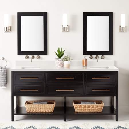 Signature Hardware Robertson 72" Freestanding Mahogany Double Basin Vanity Set with Cabinet, Vanity Top, and Rectangular Undermount Sinks - No Faucet Holes Black / Arctic White Quartz