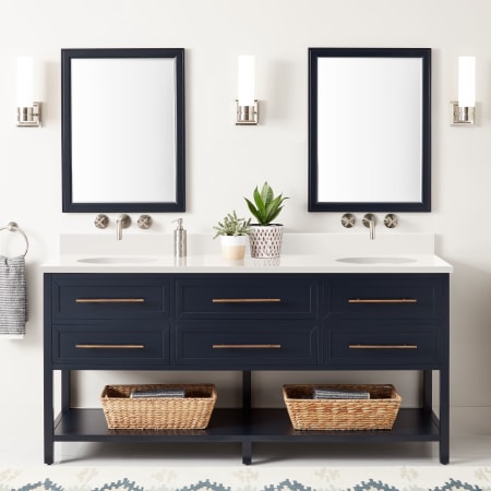Signature Hardware Robertson 72" Free Standing Double Vanity Cabinet Set with Mahogany Cabinet, Vanity Top and Oval Undermount Sinks - No Faucet Holes Midnight Navy / Arctic White Quartz