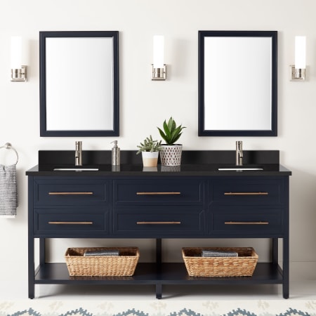Signature Hardware Robertson 72" Freestanding Mahogany Double Basin Vanity Set with Cabinet, Vanity Top, and Rectangular Undermount Sinks - Single Faucet Holes Midnight Navy / Absolute Black Granite