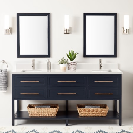 Signature Hardware Robertson 72" Freestanding Mahogany Double Basin Vanity Set with Cabinet, Vanity Top, and Rectangular Undermount Sinks - Single Faucet Holes Midnight Navy / Arctic White Quartz