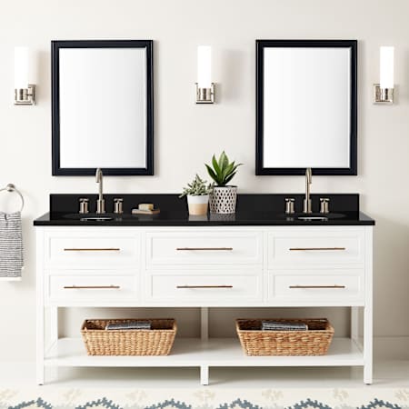 Signature Hardware Robertson 72" Freestanding Mahogany Double Basin Vanity Set with Cabinet, Vanity Top, and Oval Undermount Sinks - 8" Faucet Holes Bright White / Absolute Black Granite