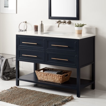 Signature Hardware Robertson 48" Freestanding Mahogany Single Basin Vanity Set with Cabinet, Vanity Top, and Rectangular Undermount Sink - No Faucet Holes Midnight Navy Blue / Arctic Snow