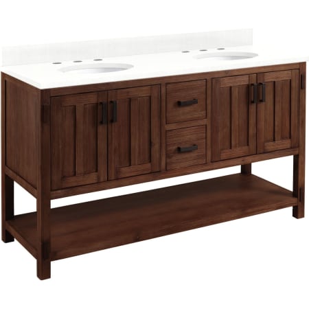Signature Hardware Morris 60" Freestanding Double Basin Vanity Set with Cabinet, Vanity Top, and Oval Undermount Sinks - 8" Faucet Holes Rustic Brown / Feathered White
