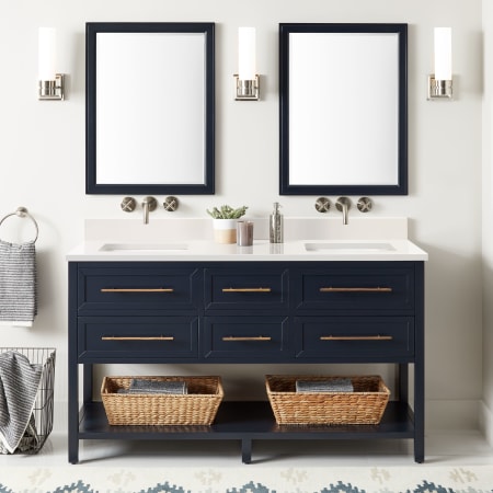 Signature Hardware Robertson 60" Freestanding Mahogany Double Basin Vanity Set with Cabinet, Vanity Top, and Rectangular Undermount Sinks - No Faucet Holes Midnight Navy Blue / Arctic Snow