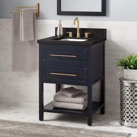 Signature Hardware Robertson 24" Freestanding Mahogany Single Basin Vanity Set with Cabinet, Vanity Top, and Rectangular Undermount Sink - 8" Faucet Holes Midnight Navy Blue / Absolute Black