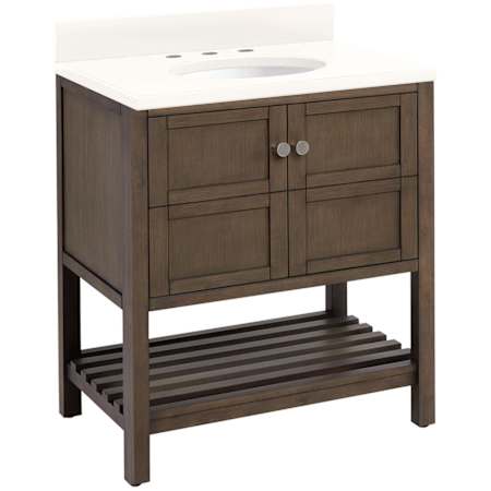 Signature Hardware Olsen 30" Freestanding Single Basin Vanity Set with Cabinet, Vanity Top, and Oval Undermount Sink - 8" Faucet Holes Ash Brown / Arctic White