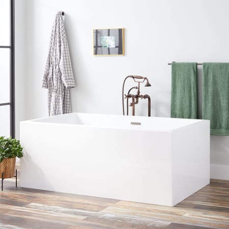 Signature Hardware Clarissa 59" Acrylic Soaking Freestanding Tub with Foam Insulation and Integrated Drain and Overflow White / Black
