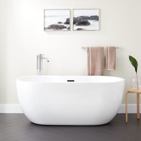 Signature Hardware Boyce 65" Acrylic Soaking Freestanding Tub with Integrated Drain, Overflow, and Foam Insulation White / Black