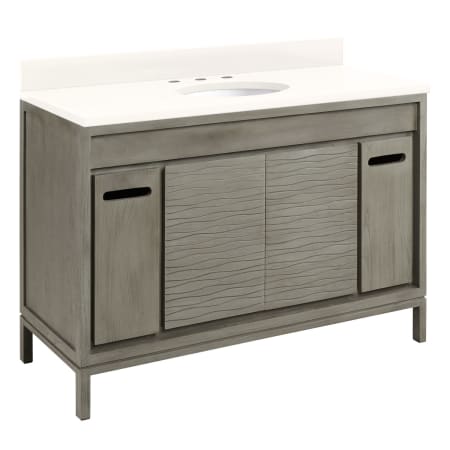 Signature Hardware Becker 48" Free Standing Single Vanity Set with Teak Cabinet, Stone Vanity Top, and Oval Undermount Porcelain Sink - 8" Faucet Holes Gray Wash / Arctic White