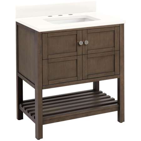 Signature Hardware Olsen 30" Freestanding Single Basin Vanity Set with Cabinet, Vanity Top, and Rectangular Undermount Sink - 8" Faucet Holes Ash Brown / Arctic White