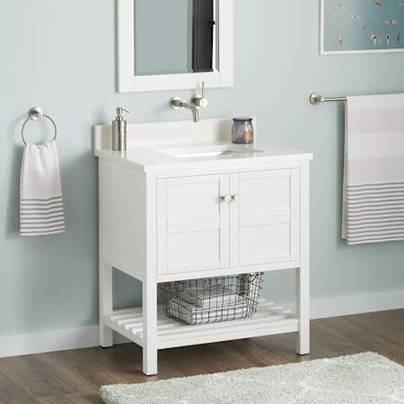 Signature Hardware Olsen 30" Freestanding Single Basin Vanity Set with Cabinet, Vanity Top, and Rectangular Undermount Sink - No Faucet Holes Soft White / Arctic White
