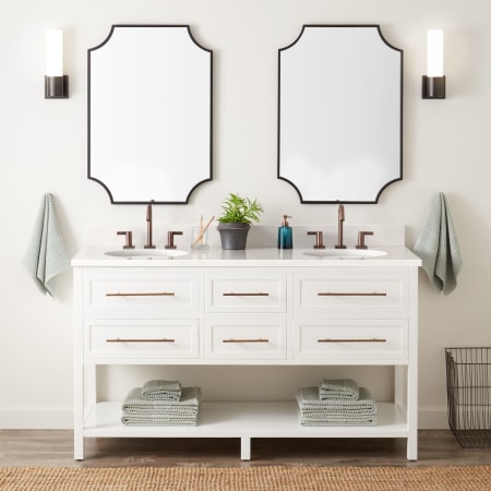 Signature Hardware Robertson 60" Freestanding Mahogany Double Basin Vanity Set with Cabinet, Vanity Top, and Oval Undermount Sinks - 8" Faucet Holes Bright White / Arctic White