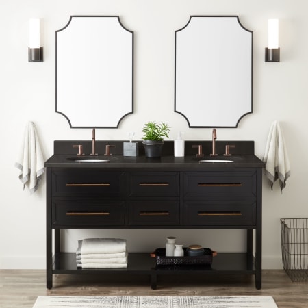 Signature Hardware Robertson 60" Freestanding Mahogany Double Basin Vanity Set with Cabinet, Vanity Top, and Oval Undermount Sinks - 8" Faucet Holes Black / Absolute Black