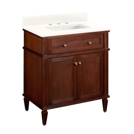 Signature Hardware Elmdale 30" Single Vanity Set with Mahogany Cabinet, Quartz Vanity Top, and Rectangular Sink - 1-1/2" Faucet Holes Antique Brown / Arctic White