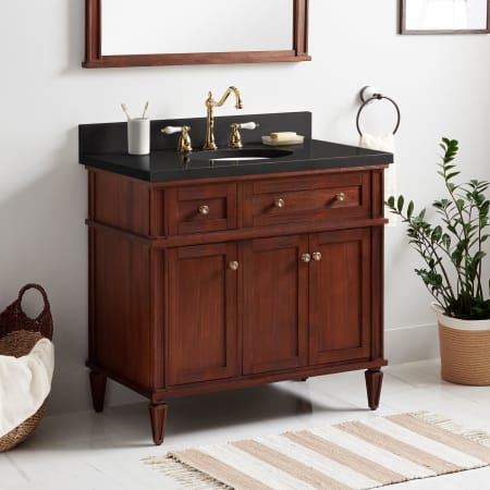 Signature Hardware Elmdale 36" Freestanding Mahogany Single Basin Vanity Set with Cabinet, Vanity Top, and Oval Undermount Sink - 8" Faucet Holes Antique Brown / Absolute Black