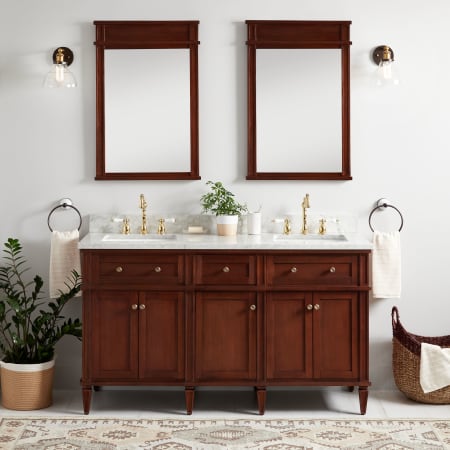 Signature Hardware Elmdale 60" Freestanding Mahogany Double Basin Vanity Set with Cabinet, Vanity Top, and Rectangular Undermount Sink - 8" Faucet Holes