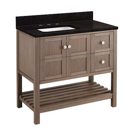 Signature Hardware Olsen 36" Freestanding Single Basin Vanity Set with Cabinet, Offset Vanity Top, and Rectangular Undermount Sink - 8" Widespread Faucet Holes Ash Brown / Absolute Black
