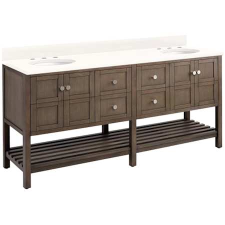 Signature Hardware Olsen 72" Freestanding Double Basin Vanity Set with Cabinet, Vanity Top, and Oval Undermount Sinks - 8" Faucet Holes Ash Brown / Arctic White