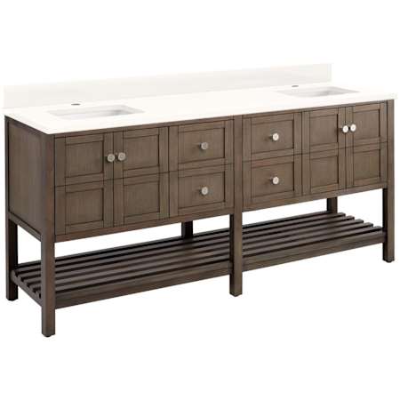 Signature Hardware Olsen 72" Freestanding Double Basin Vanity Set with Cabinet, Vanity Top, and Rectangular Undermount Sinks - Single Faucet Hole Ash Brown / Arctic White
