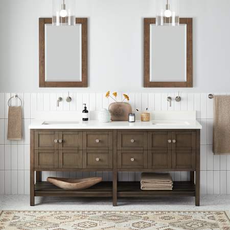 Signature Hardware Olsen 72" Freestanding Double Basin Vanity Set with Cabinet, Vanity Top, and Rectangular Undermount Sinks - No Faucet Holes Ash Brown / Arctic White
