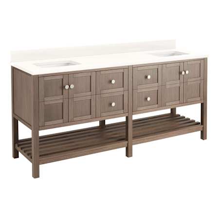 Signature Hardware Olsen 72" Double Vanity Set with Cabinet, Quartz Vanity Top, and Rectangular Undermount sinks - 1.5" Faucet Holes Ash Brown / Arctic White