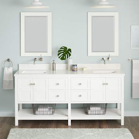 Signature Hardware Olsen 72" Freestanding Double Basin Vanity Set with Cabinet, Vanity Top, and Rectangular Undermount Sinks - No Faucet Holes White / Arctic White
