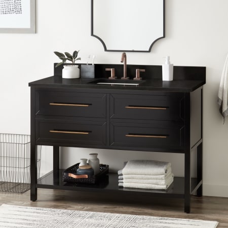 Signature Hardware Robertson 48" Freestanding Mahogany Single Basin Vanity Set with Cabinet, Vanity Top, and Rectangular Undermount Sink - 8" Widespread Faucet Holes Black / Absolute Black