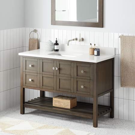 Signature Hardware Olsen 48" Freestanding Single Basin Vanity Set with Cabinet, Vanity Top, and Rectangular Undermount Sink - No Faucet Holes Ash Brown / Arctic White