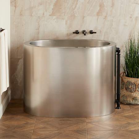 Signature Hardware Raksha 48" Stainless Steel Japanese Soaking Tub with Included Overflow Drain Stainless Steel / Black Drain