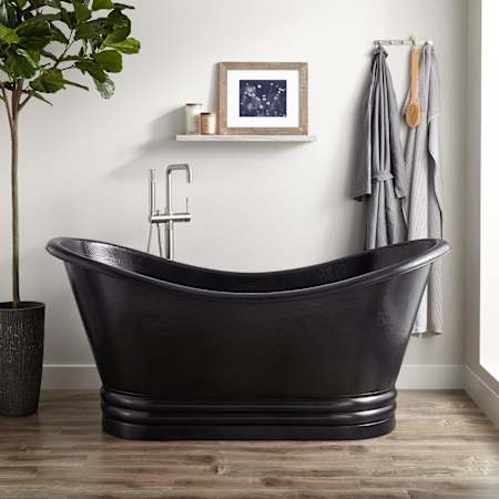 Signature Hardware Raye 71" Copper Soaking Pedestal Freestanding Tub with Rolled Rim and Included Overflow Drain Antique Black / Black Drain