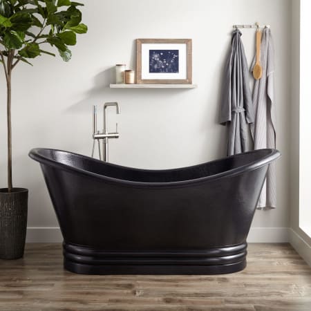 Signature Hardware Raye 71" Copper Soaking Pedestal Freestanding Tub with Rolled Rim and Included Overflow Drain Antique Black / Brushed Nickel Drain
