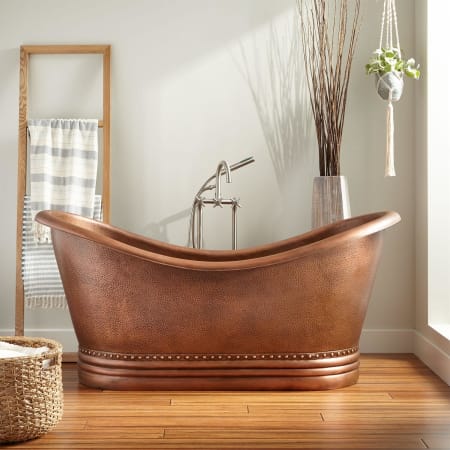 Signature Hardware Paige 66" Copper Double Slipper Pedestal Tub with Rolled Rim and Included Overflow Drain Antique Copper Patina / Black Drain