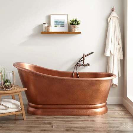 Signature Hardware Paxton 59" Copper Slipper Tub with Rolled Rim and Included Overflow Drain Antique Copper Patina / Brushed Nickel Drain