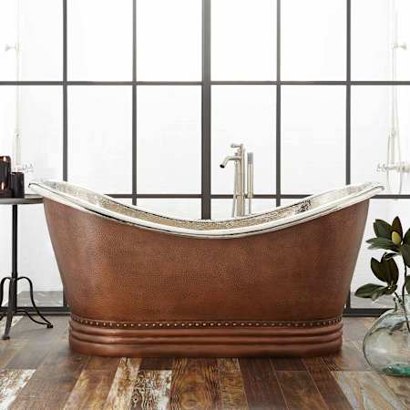 Signature Hardware Paige 72" Copper Double Slipper Polished Interior Pedestal Tub with Rolled Rim and Included Overflow Drain Antique Copper Patina / Black Drain