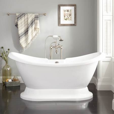 Signature Hardware 69" Rosalind Acrylic Double-Slipper Pedestal Soaking Tub - No Holes - Drain White / Black Drain