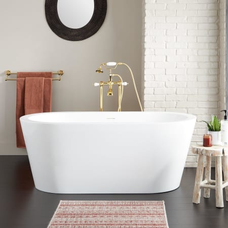 Signature Hardware Leith 59" Acrylic Soaking Freestanding Tub with Integrated Drain and Overflow and Foam Insulation White / White Drain