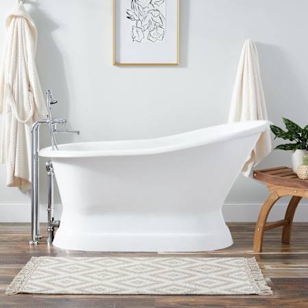 Signature Hardware Socorro 60" Cast Iron Soaking Freestanding Tub with Included Overflow Drain and Rolled Rim White / Black Drain