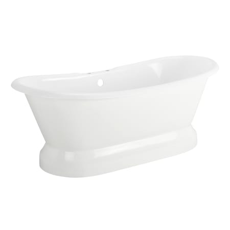 Signature Hardware Frayser 71" Cast Iron Soaking Double Slipper Pedestal Freestanding Tub with Tap Deck, 7" Rim Holes, and Drain Kit White / Brushed Nickel Drain