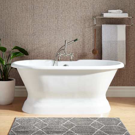 Signature Hardware Henley 60" Cast Iron Soaking Pedestal Tub with Tap Deck, 7" Rim Holes, and Included Overflow Drain White / Brushed Nickel Drain