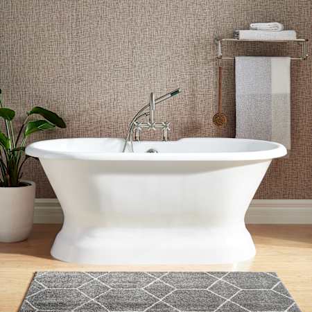 Signature Hardware Henley 66" Cast Iron Soaking Pedestal Tub with Tap Deck, 7" Rim Holes, and Included Overflow Drain White / Brushed Nickel Drain