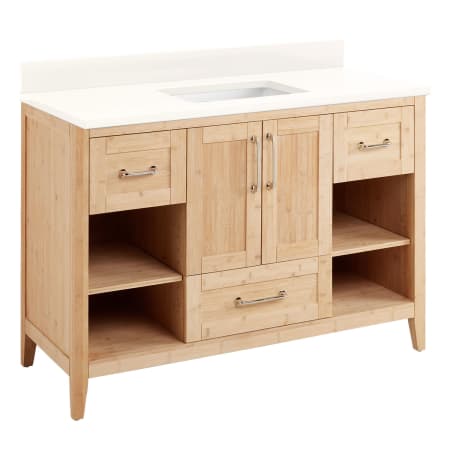Signature Hardware Burfield 48" Freestanding Single Basin Vanity Set with Bamboo Cabinet, Vanity Top, and Rectangular Undermount Sink - No Faucet Holes Natural Bamboo / Arctic White
