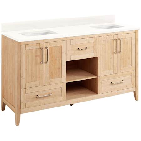 Signature Hardware Burfield 60" Freestanding Double Basin Vanity Set with Bamboo Cabinet, Vanity Top, and Rectangular Undermount Sinks - No Faucet Holes Natural Bamboo / Arctic White