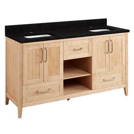 Signature Hardware Burfield 60" Freestanding Double Basin Vanity Set with Bamboo Cabinet, Vanity Top, and Rectangular Undermount Sinks - Single Faucet Holes Natural Bamboo / Absolute Black