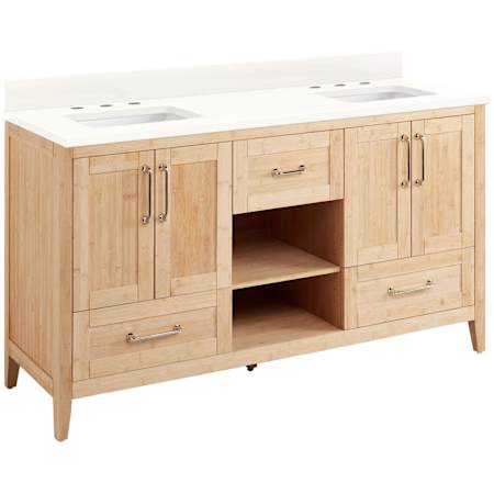Signature Hardware Burfield 60" Freestanding Double Basin Vanity Set with Bamboo Cabinet, Vanity Top, and Rectangular Undermount Sinks - 8" Widespread Faucet Holes Natural Bamboo / Arctic White