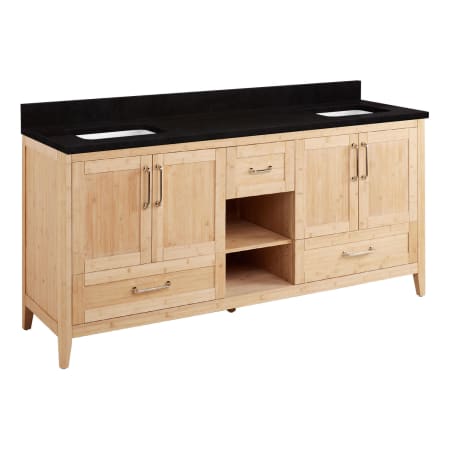 Signature Hardware Burfield 72" Freestanding Double Basin Vanity Set with Bamboo Cabinet, Vanity Top, and Rectangular Undermount Sinks - No Faucet Holes Natural Bamboo / Absolute Black